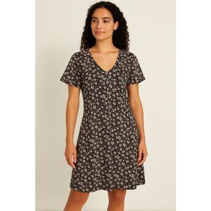 Pact Organic Cotton Floral V-Neck Dress Black White Brown Size M